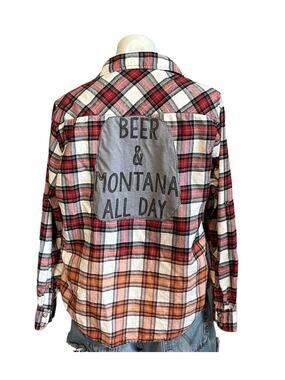 Beer & Montana All Day Flannel Plaid Shirt Shacket MEDIUM Oversize Unique Retro